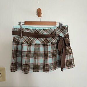 Vintage AE Y2K Micro Skirt Brown Blue 8 Pleated Wool Blend Plaid Academia Prep